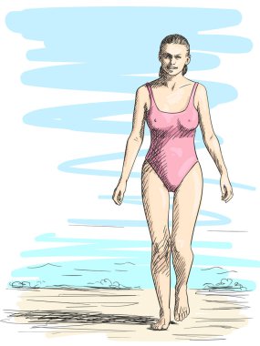 Sahilde yürüyüş mayolu kadın