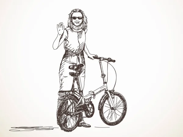 女人与自行车挥舞着的手 — 图库矢量图片