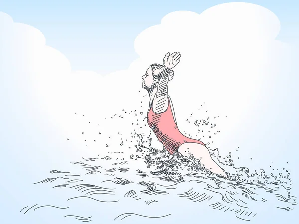 水で遊ぶピンクの水着姿の女性 — ストックベクタ