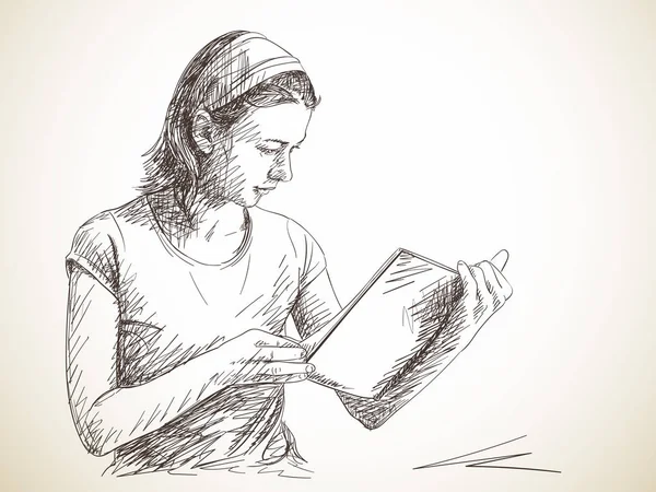 Bosquejo de la mujer leyendo libro — Vector de stock