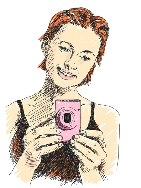 Mujer tomando fotos con cámara compacta — Vector de stock