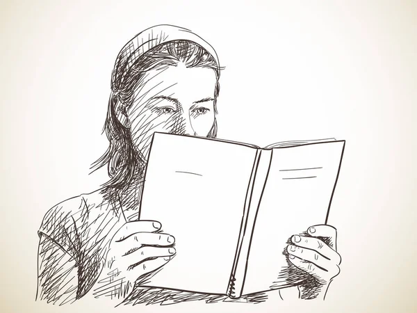 Schizzo di donna che legge il libro — Vettoriale Stock