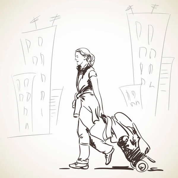 Femme marchant avec sac sur roues — Image vectorielle