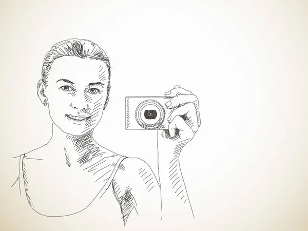 Mujer tomando fotos con cámara compacta — Vector de stock