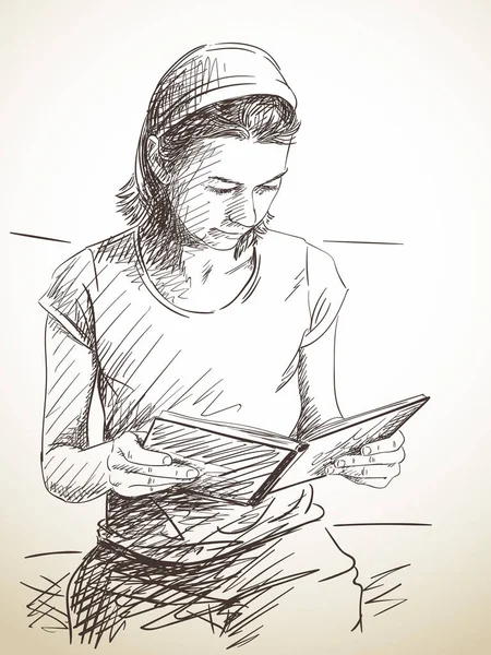 Bosquejo de la mujer leyendo libro — Vector de stock