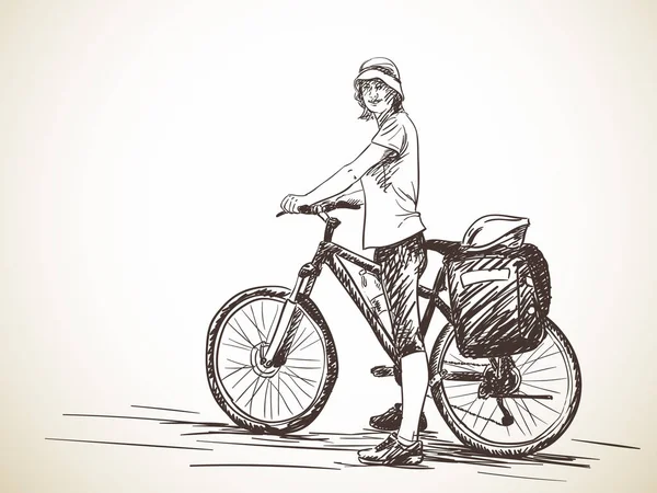 Schets van vrouw met fiets — Stockvector