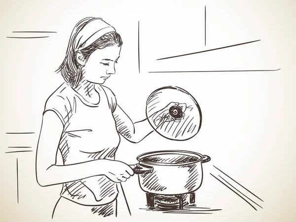 Vrouw op keuken met pot — Stockvector