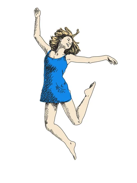 Bailando mujer en vestido azul — Vector de stock