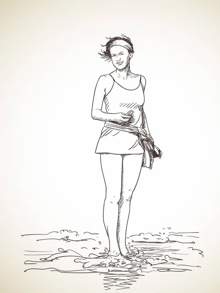 Frau in kleinem Kleid am Strand — Stockvektor
