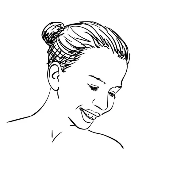 Рисунок лица девушки, улыбающейся и смотрящей вниз — стоковый вектор