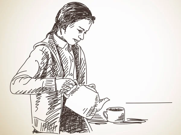 十代の少女は、急須からお茶を注ぐ — ストックベクタ