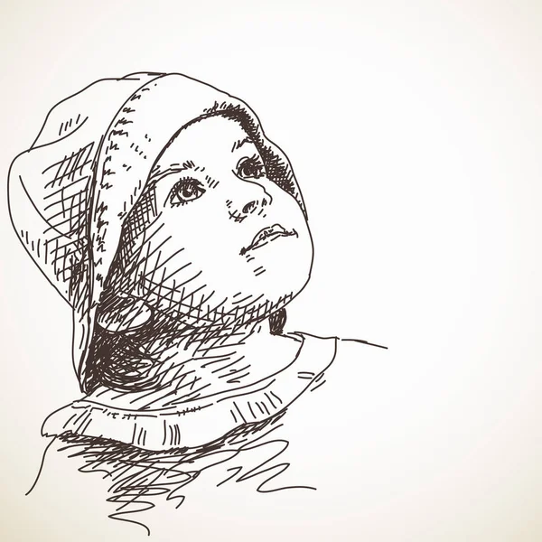 Sketsa anak gadis di topi panama - Stok Vektor