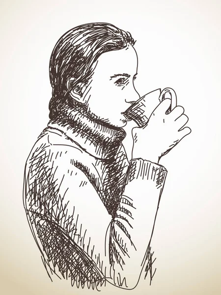 Croquis d'adolescente buvant de la tasse — Image vectorielle