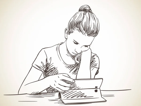 Дівчина зосереджена на використанні планшета — стоковий вектор