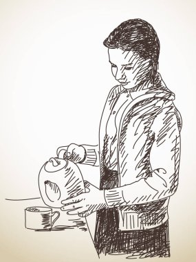 Genç kız bir demlik çay dökülen