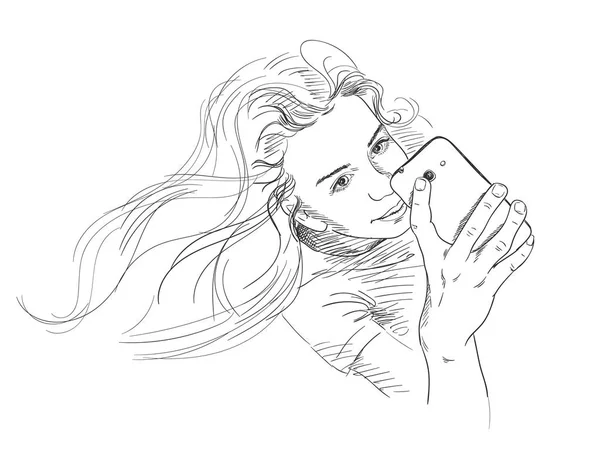 Selfie alarak güzel uzun saçlı genç kız