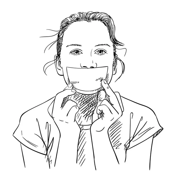 Κορίτσι που καλύπτει το στόμα με φύλλο λευκό χαρτί — Διανυσματικό Αρχείο