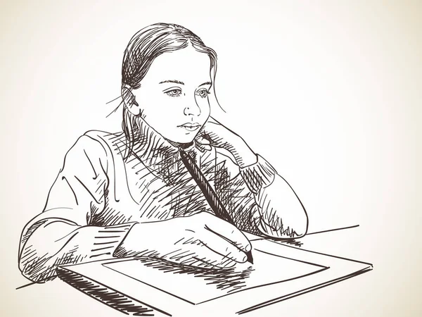 Meisje studeren om te tekenen met pen tablet — Stockvector
