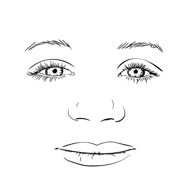 Ojos dibujados a mano con pestañas largas, nariz y labios — Vector de stock