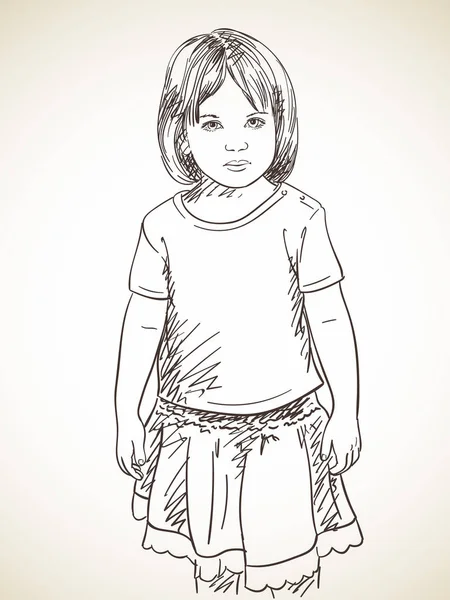 Μικρό κορίτσι σε φούστα στέκεται και σε κοιτάζω — Διανυσματικό Αρχείο