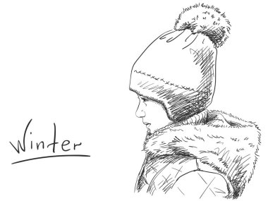 Genç kız kış şapkalı taslağını 