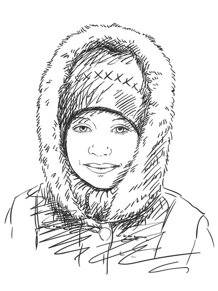 Portrait of girl in fur hood — Stock Vector