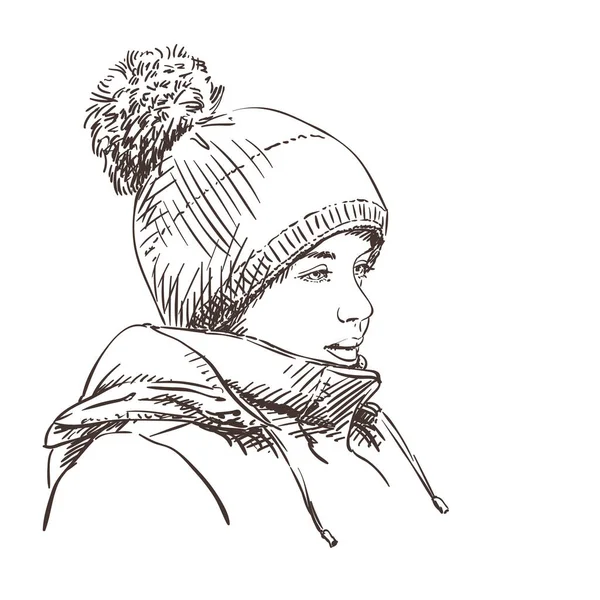 Náčrt aktivní zóny mladá dívka v zimě oblékání — Stockový vektor