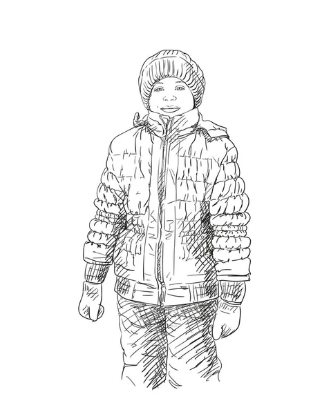 Σκίτσο του νεαρό κορίτσι σε ρούχα του χειμώνα — Διανυσματικό Αρχείο