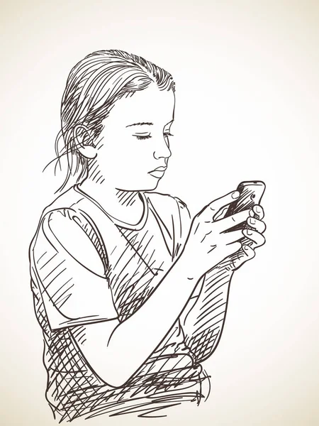 Croquis de fille en utilisant le téléphone intelligent — Image vectorielle