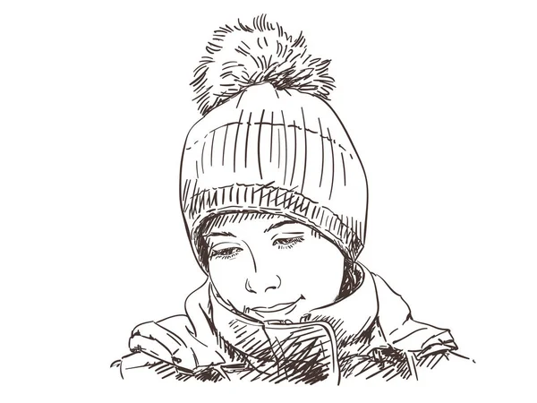 Bosquejo de niña triste en sombrero de invierno — Archivo Imágenes Vectoriales