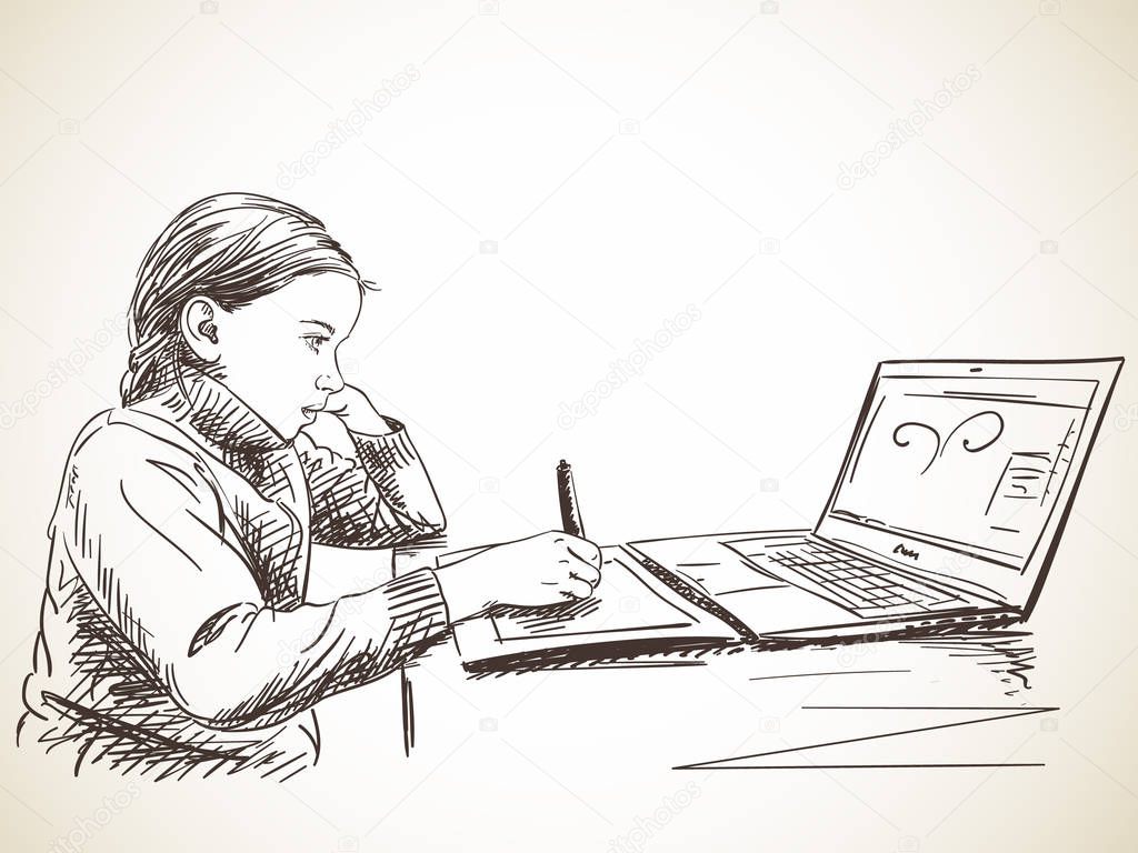 Dibujo de niña estudiando — Vector de stock © OlgaTropinina #146950989