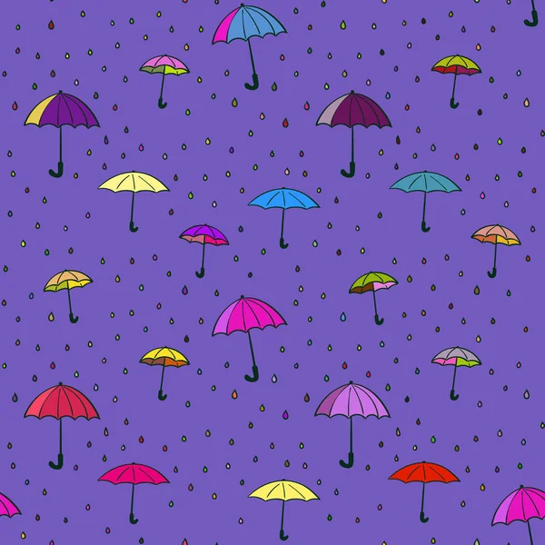 Nahtloses Muster aus Regenschirmen und Regentropfen — Stockvektor