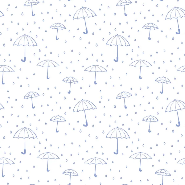 Seamless pattern of umbrellas and raindrops — Stock Vector