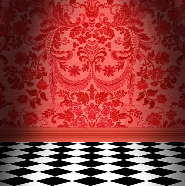 Rote Damasttapete mit schwarz-weißem Schachbrettfliesenboden — Stockfoto