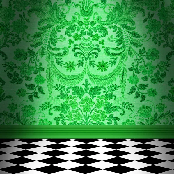 緑のダマスク織の壁紙黒と白の市松模様のタイル Floo & — ストック写真