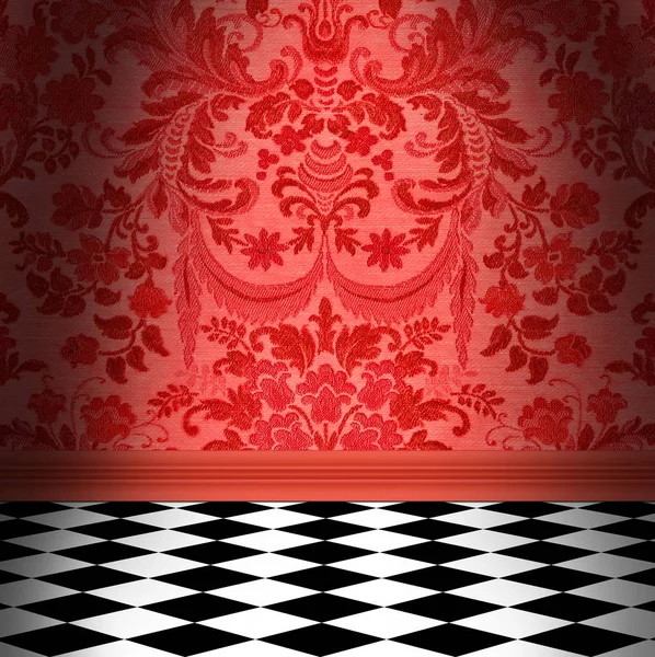 Red Damask Wallpaper With Black & White Checkerboard Tile Floor — Stock Photo, Image