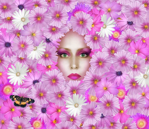 Çiçeklerle çevrili güzel moda yüz — Stok fotoğraf