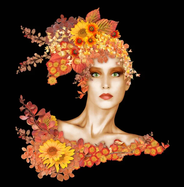 Hermosa modelo de moda vestida con hojas y flores de otoño —  Fotos de Stock