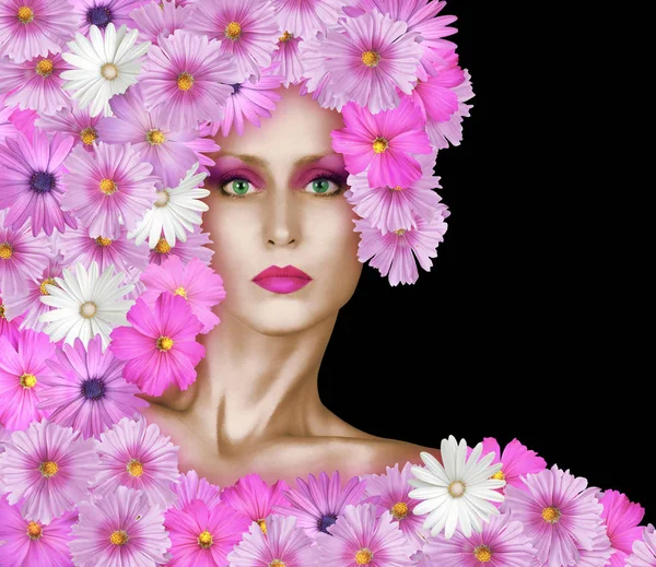 Pembe çiçekli moda yüz — Stok fotoğraf