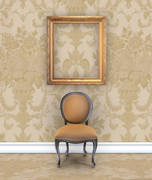 Sala de damasco rico con silla de terciopelo y marco de imagen vacío —  Fotos de Stock