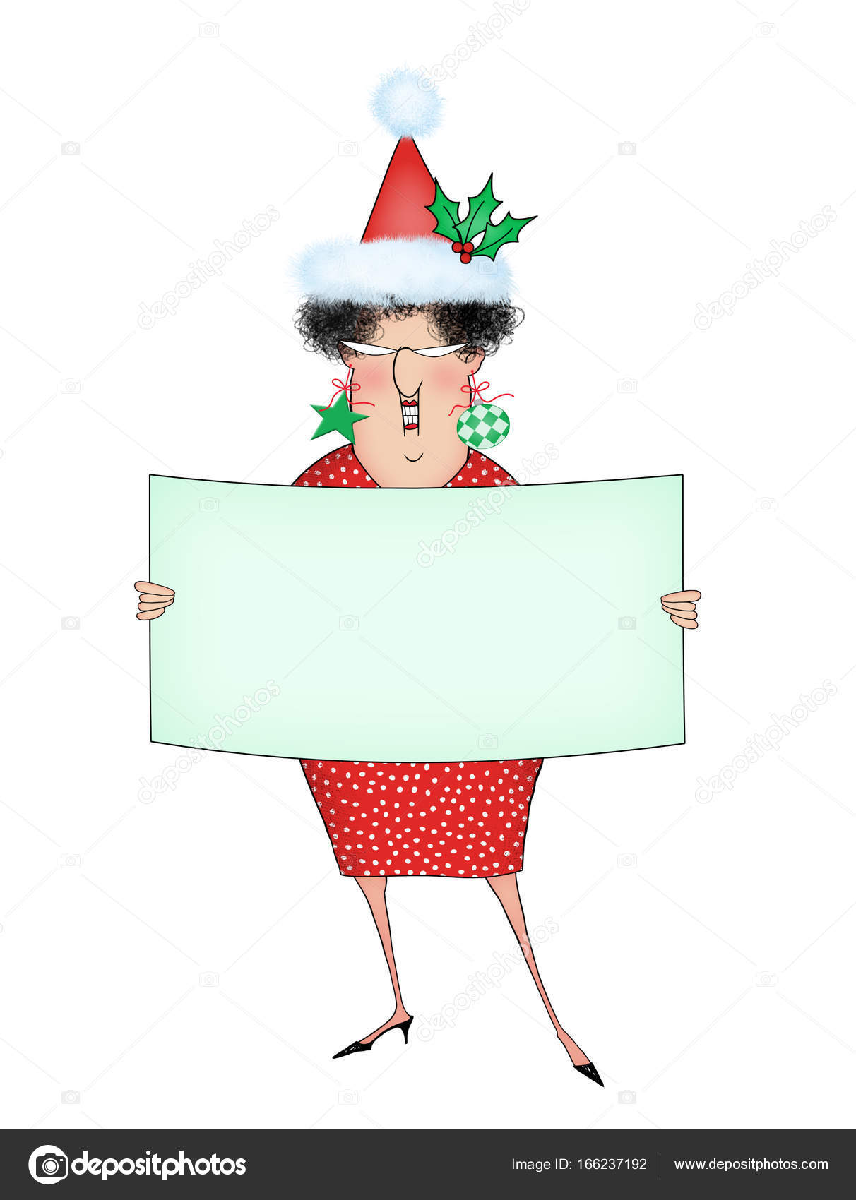 Funny Christmas Cartoon Lady Holding A Sign With Room For Text.