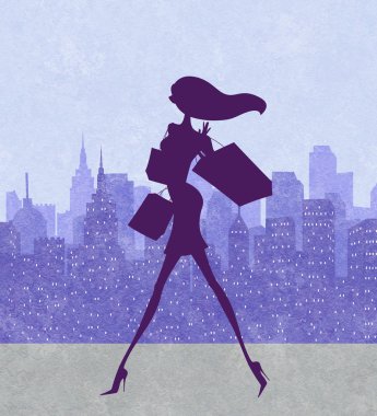B alışveriş ile yürüyen bir şık genç kadın silüeti moda