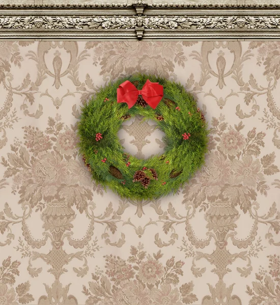 Christmas Wreath on Tan Damask Wallpaper With Ornate Molding — Stock Photo, Image