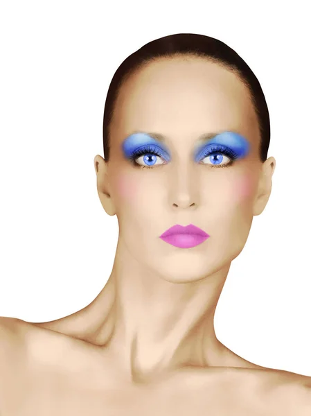 Mavi göz farı ve pembe ruj ile moda yüz — Stok fotoğraf