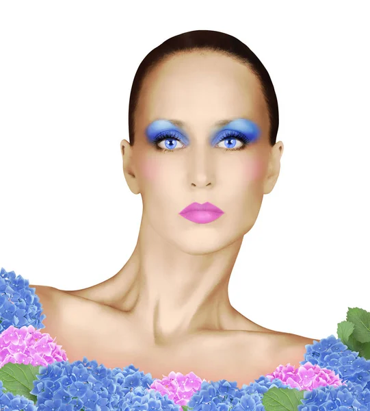 Moda yüz Glamour makyaj ve üzerinde beyaz izole çiçeklerle — Stok fotoğraf