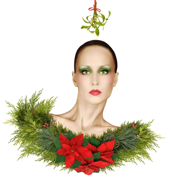 แฟชั่นคริสต์มาสแฟนตาซีกับ Mistletoe, Poinsettias และ Holid — ภาพถ่ายสต็อก