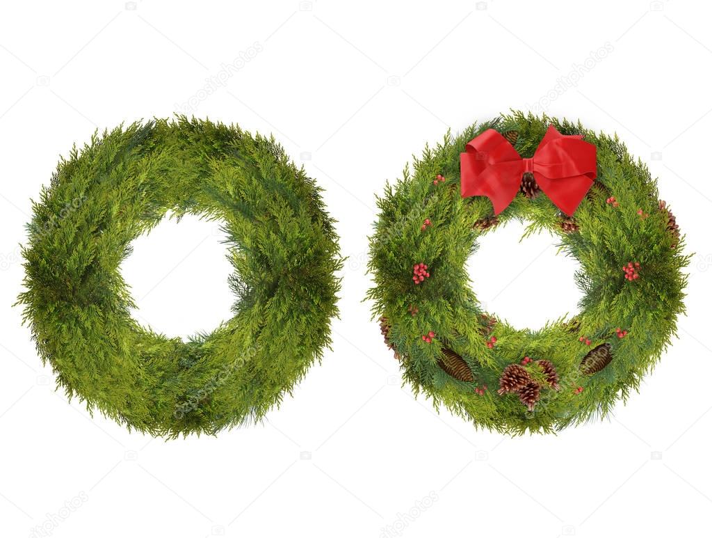 Two Christmas Wreaths, One Plain and One Decorated, Isolated on 