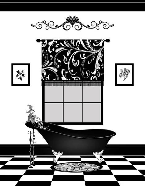 Schattig zwart-wit badkamer met Vintage klauw-voet bad en — Stockfoto