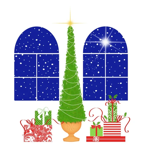 Χαριτωμένο χριστουγεννιάτικο δέντρο και παρουσιάζει με Παλλάντιο παράθυρα σε λευκό — Φωτογραφία Αρχείου