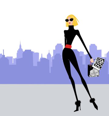 Şık kadın ile bir şehir manzarası arka plan alışveriş